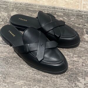 Frame Denim Black Leather Slip-On Mules with Braided Strap